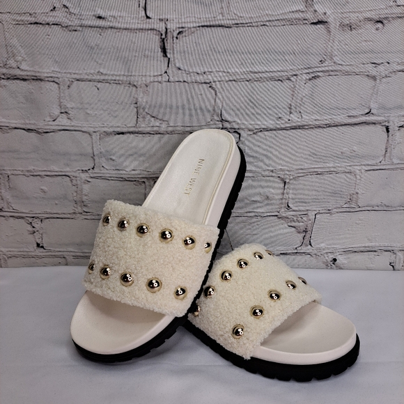 NINE WEST 'FREELY' SHEARLING & STUDDED SLIP ON SANDALS - Picture 11 of 14